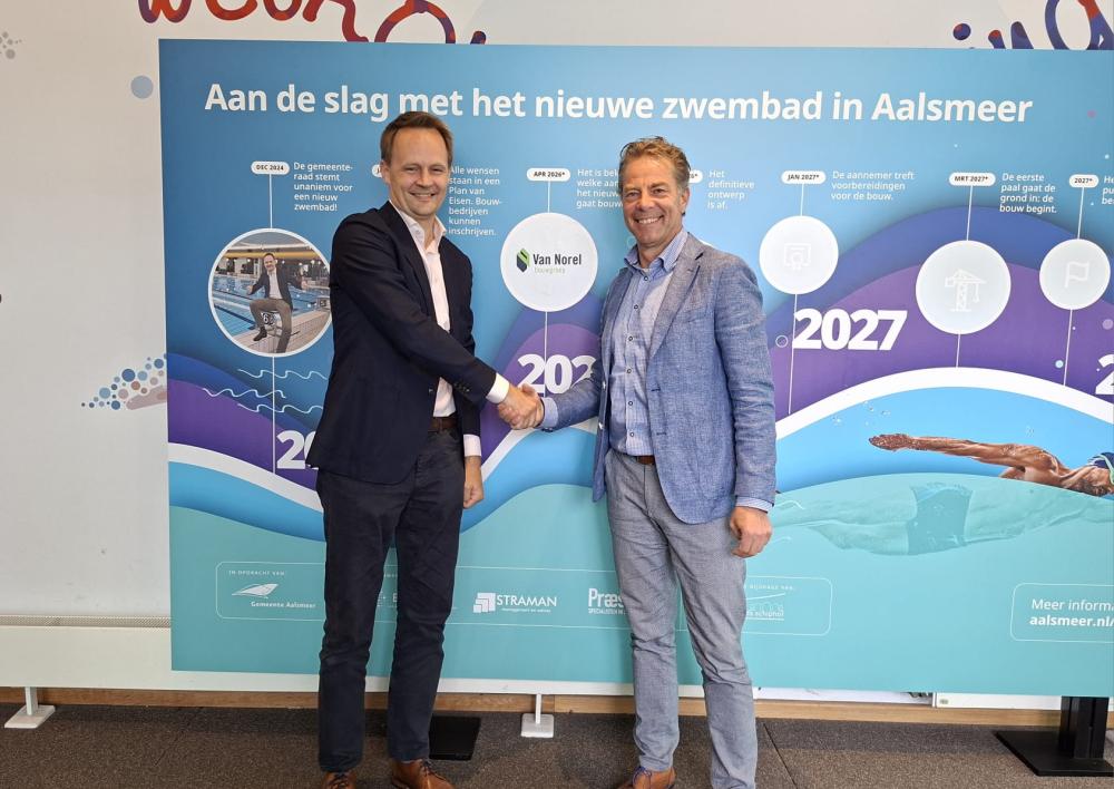 Wethouder Bart Kabout en directeur Hans van Norel staan bij het tijdlijn bord in Zwembad De Waterlelie.