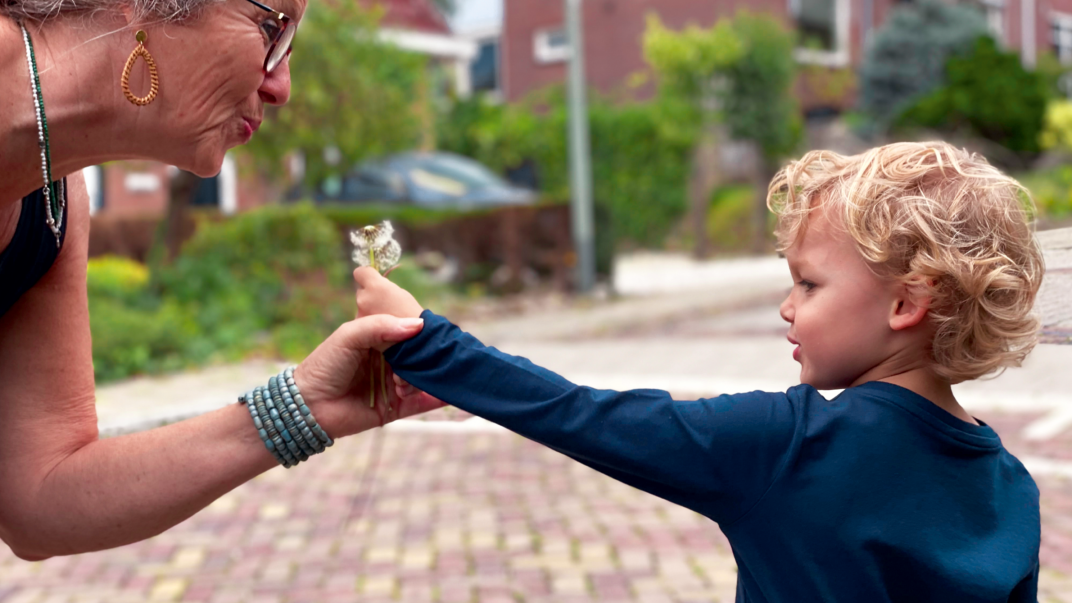 Jong jongetje geeft paardenbloemen aan zijn oma 